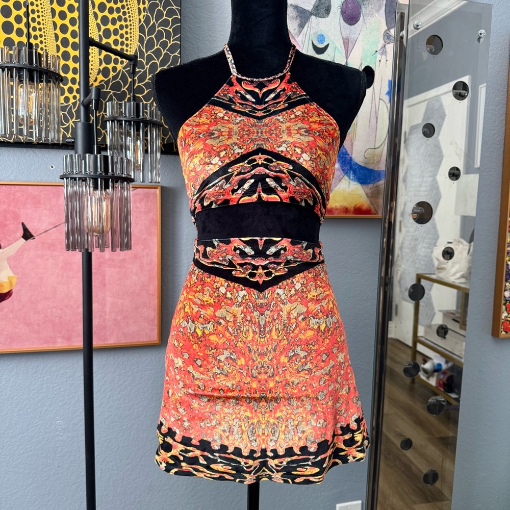 NEW Liberated Hearts Vibrant Orange and Black Halter Mini Skirt Velvet Set, XS